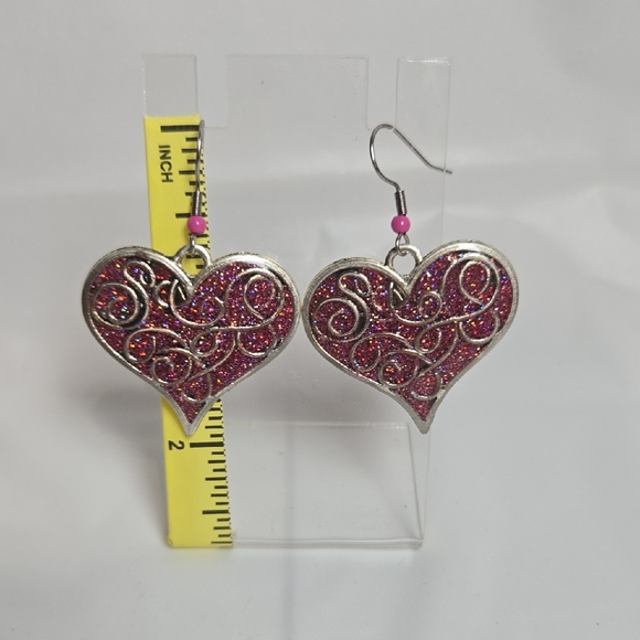 Erins Lovely Creations Jewelry - #191- Sparkling Pink and Silver Heart Earrings